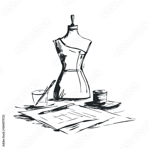 Fashion design concept with dress form, patterns, and sewing tools sketch