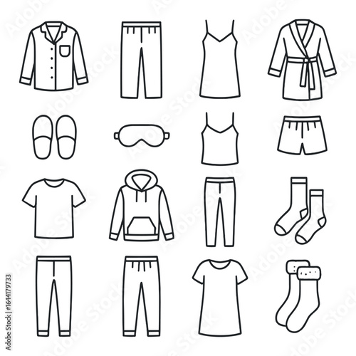 Outline icons of various comfortable sleepwear and loungewear garments