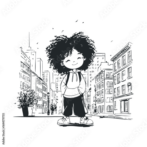 Smiling cartoon child with curly hair in urban street scene