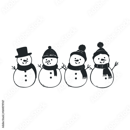 Four cute snowmen in winter attire with hats and scarves on white background