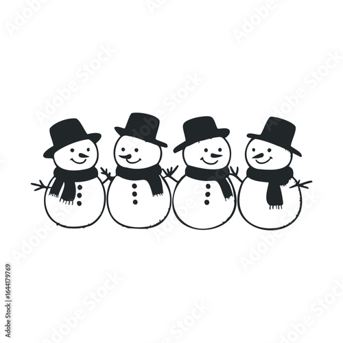 Four cheerful cartoon snowmen in hats and scarves on white background