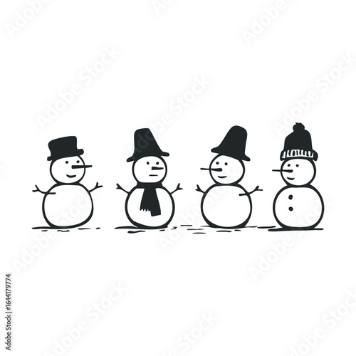 Four snowmen wearing hats and scarves in winter scene