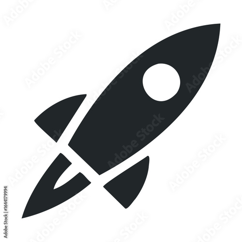 Simple black rocket icon with white details on plain background