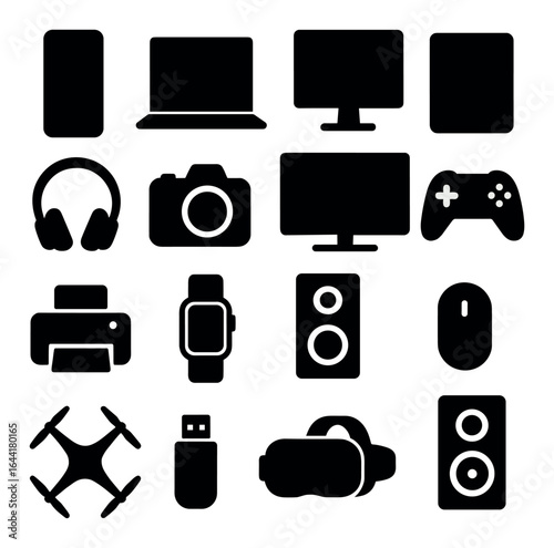 Silhouette icons of various electronic devices on gray background