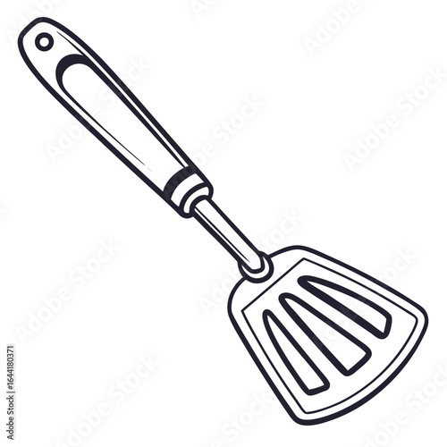 Simple line art drawing of a slotted spatula kitchen utensil