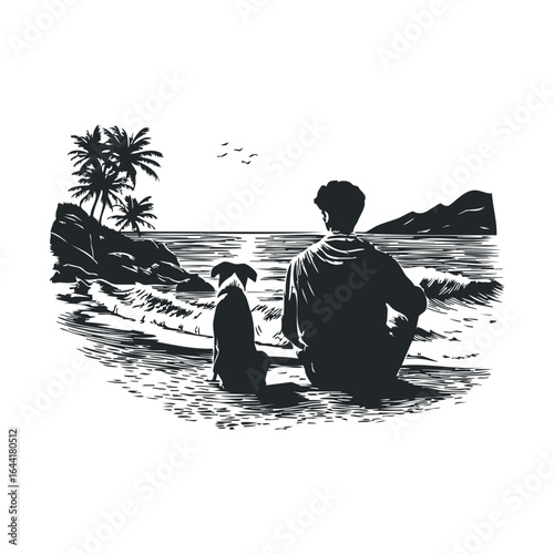 Silhouette of young male and dog sitting on tropical beach at sunset