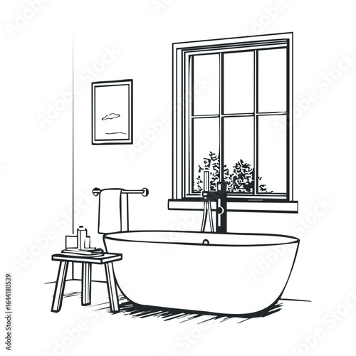 Minimalist bathroom with freestanding bathtub and large window line art