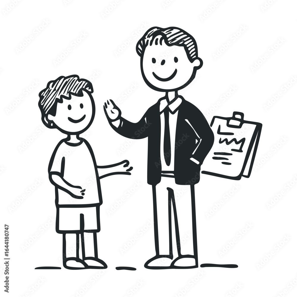Smiling cartoon young hispanic male child and adult caucasian male interaction Smiling cartoon young hispanic male child and adult caucasian male interaction