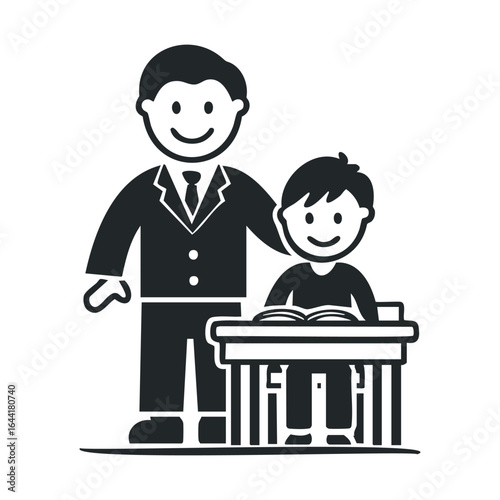 Friendly teacher male adult and enthusiastic student male child in classroom setting