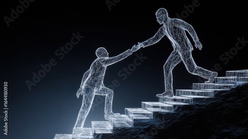 A hand holding a transparent drawing of two business people helping each other