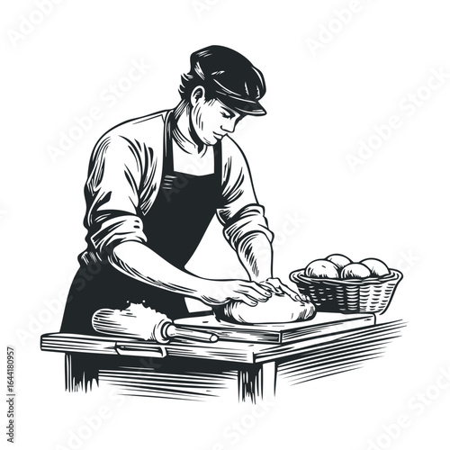 Caucasian male baker kneading bread dough in apron and cap