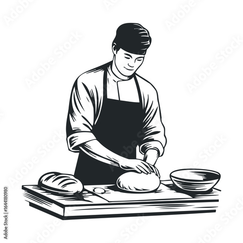 Asian male baker kneading dough with loaves and bowl on table