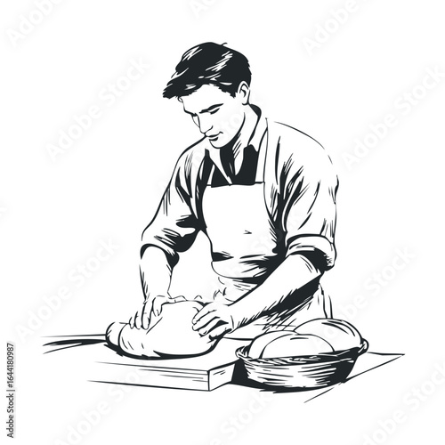 Young caucasian male baker kneading dough in apron drawing