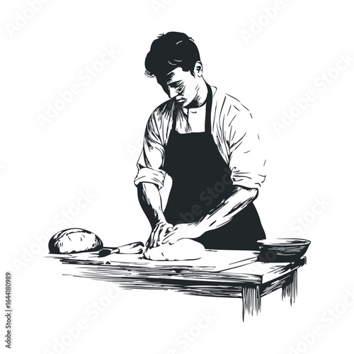 Young caucasian male chef kneading dough in kitchen illustration