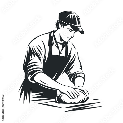 Young caucasian male baker kneading dough in apron and cap illustration