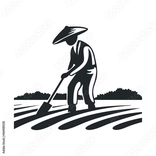 Silhouette of asian male farmer working in field with hat and hoe