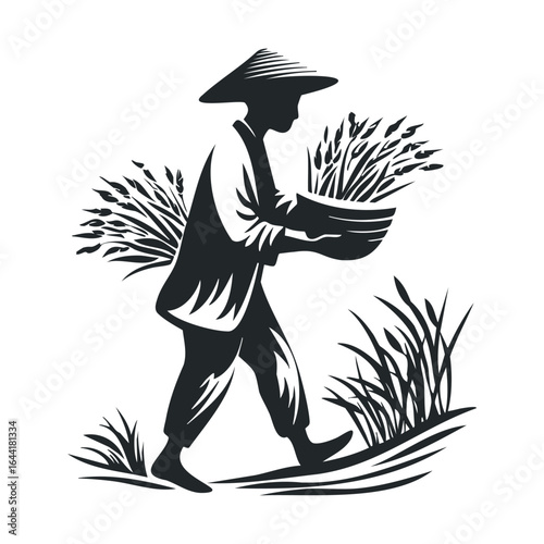 Silhouette of asian farmer with hat carrying harvested crops