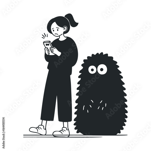 Worried female teen with smartphone and cartoon monster companion
