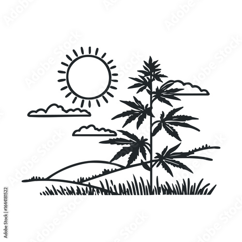 Black and white cannabis plant illustration with sun and clouds