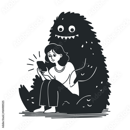 Woman confronting online bullying with monster shadow representation