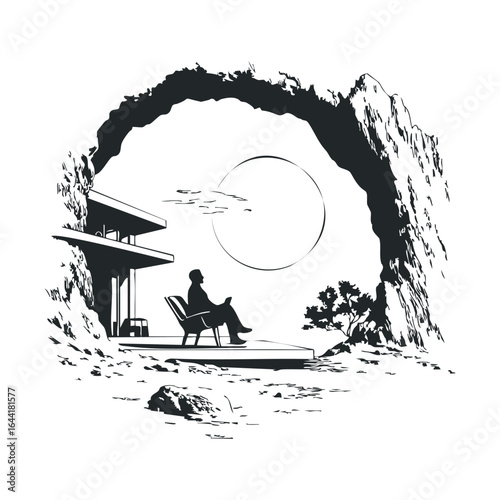 Silhouette of person relaxing on cliffside terrace under archway with sun
