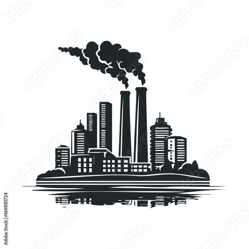 Industrial skyline with smokestacks and city silhouette reflection