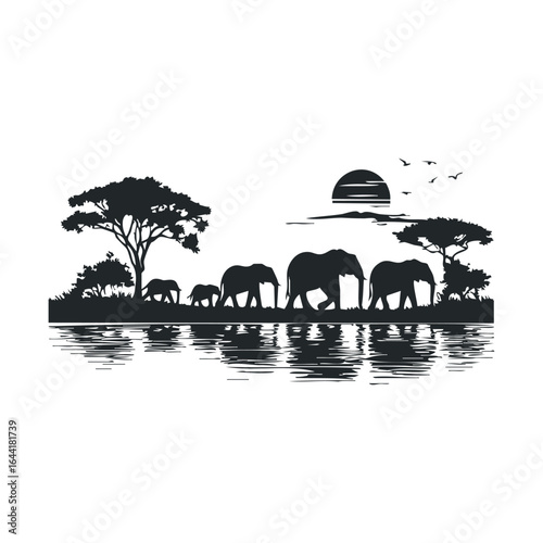 Elephants silhouette at sunset near african watering hole