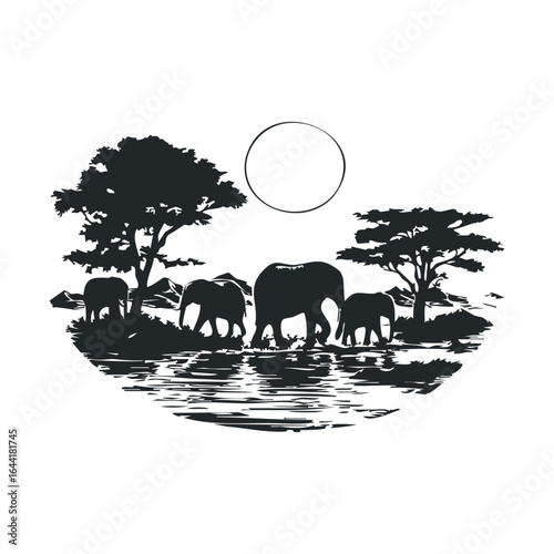 Silhouette of elephants in peaceful african landscape at sunset