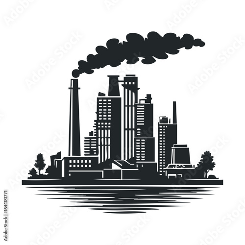 Industrial skyline silhouette with smokestack and urban buildings
