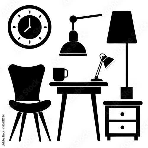 Silhouette of a desk with lamps chair clock and nightstand isolated on white background