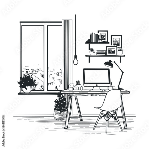 Minimalist home office with desk, computer, and large window view