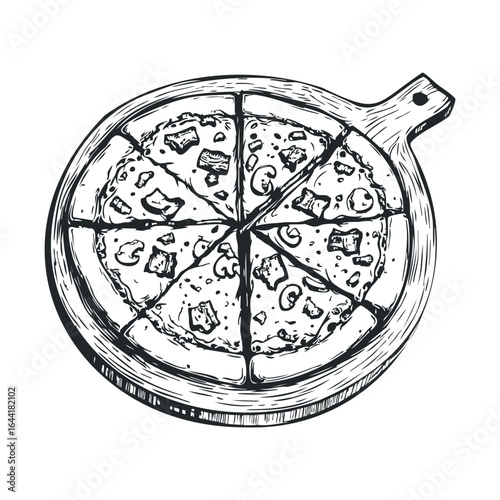 Hand-drawn black and white pizza illustration with toppings in a circular wooden pan