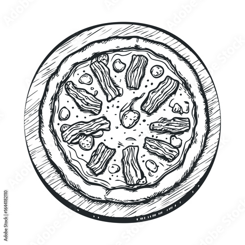 Illustrated classic pizza with bacon and pepperoni toppings in black and white
