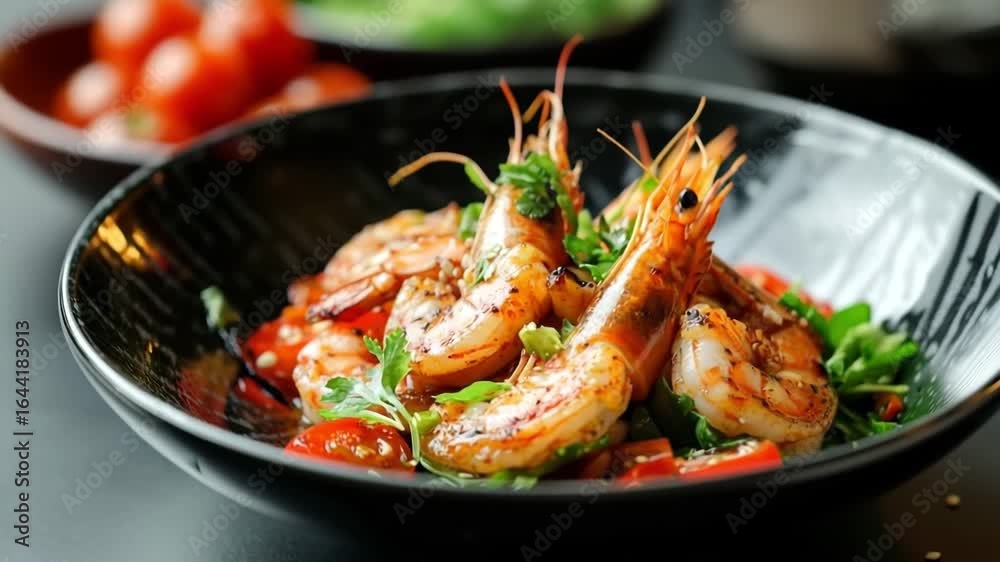 Delicious grilled shrimps seasoned with herbs and spices served with cherry tomatoes in a black bowl Delicious grilled shrimps seasoned with herbs and spices served with cherry tomatoes in a black bowl