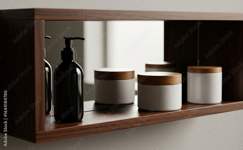 Fototapeta premium Mockup Of Wall Shelf With Product Containers And Mirror