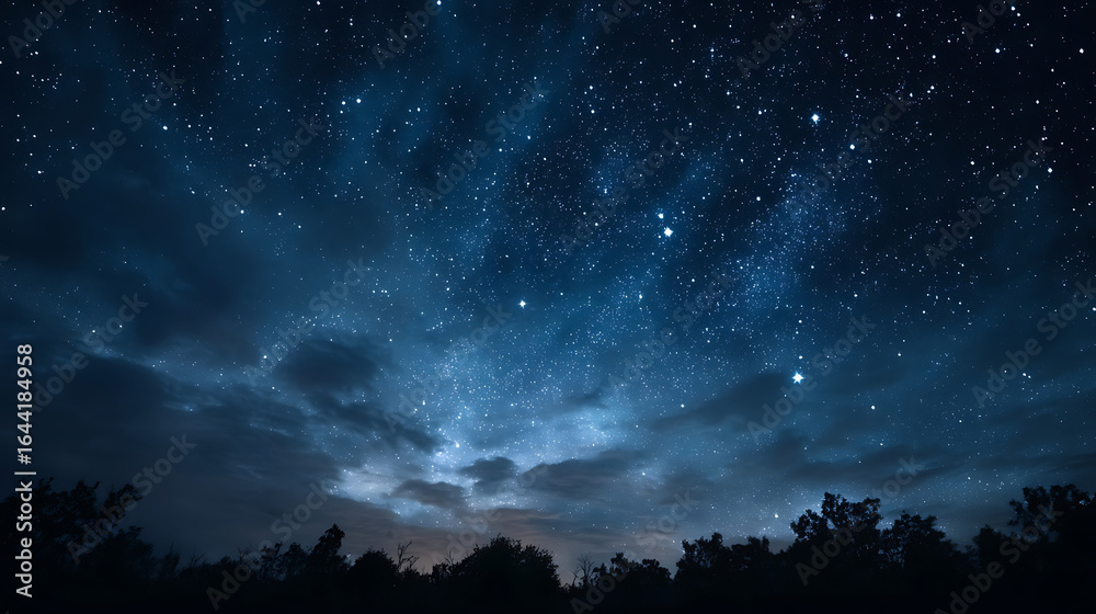 Fototapeta premium Vast deep blue night sky filled with countless sparkling stars and wispy clouds above silhouetted trees