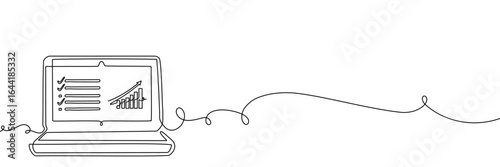 Laptop continuous one line art computer screen office work pc. Continuous one line laptop outline illustration, hand single doodle icon notebook desktop typing business monitor digital technology data