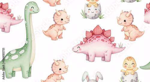Fototapeta Naklejka Na Ścianę i Meble -  Seamless cute baby dinosaurs pattern with triceratops, stegosaurus, brontosaurus, hatching dinosaur eggs, watercolor prehistoric animals illustration
