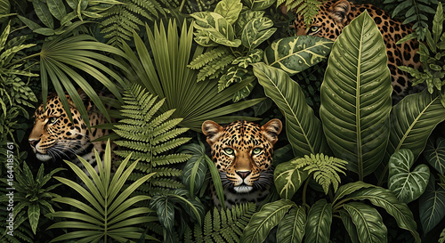 Fototapeta Naklejka Na Ścianę i Meble -  Dramatic portrait of leopards concealed within vibrant green jungle foliage, creating a captivating wildlife scene perfect for conservation and nature projects