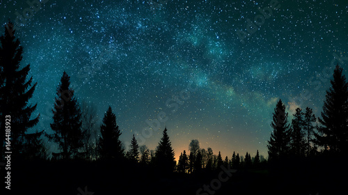 Fototapeta Naklejka Na Ścianę i Meble -  Vast starry expanse above silhouetted evergreen forest night sky stars