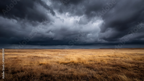 Vast golden grassland under dramatic dark storm clouds dry grass brown