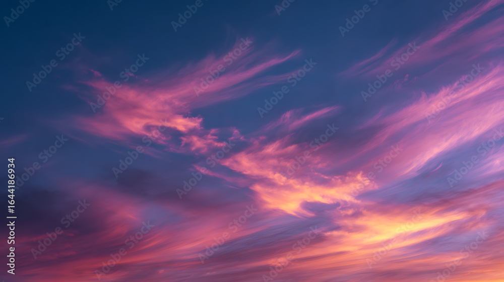 Fototapeta premium Wispy clouds painted with vibrant pink and orange hues against a deep blue twilight sky sunset