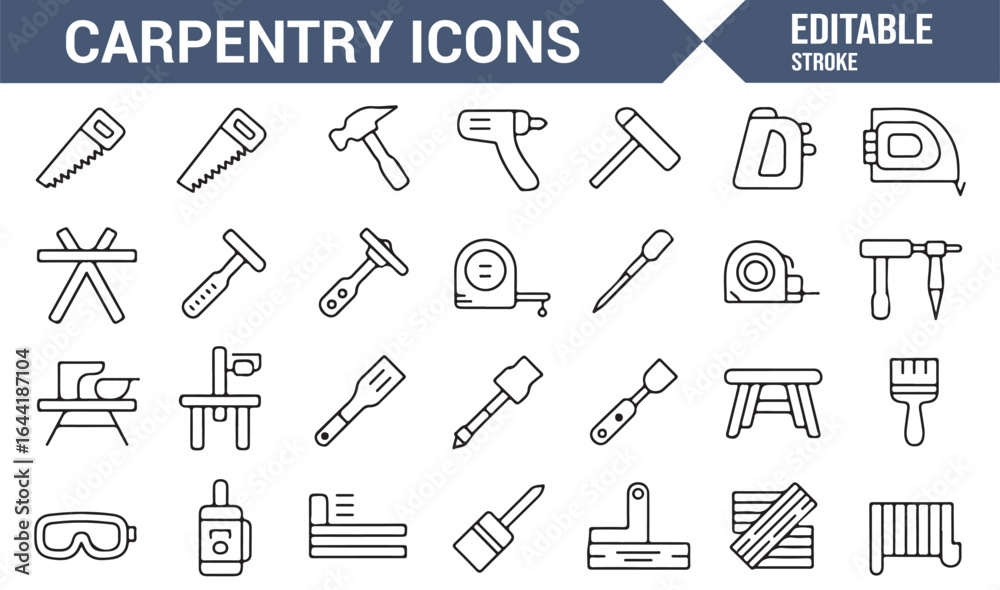 Fototapeta premium Carpenter Equipment Icons: Hammer, Saw, Drill, and More in Minimalist Style