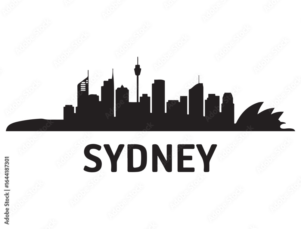Naklejka premium Sydney skyline silhouette. Vector illustration. Vector black silhouette. with white background.