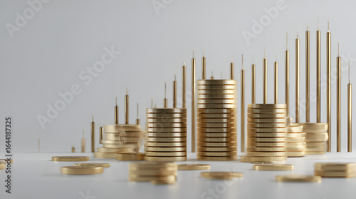 Abstract Golden Coin Stacks Representing Financial Growth and Success: A 3D Render of a Cityscape Made of Gold Coins on a White Background.  The