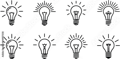  collection of eight light bulbs with different designs isolated on white background, representing ideas, innovation, and creative thinking