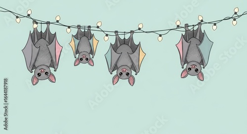 Cute hanging bats with festive lights on a light blue background