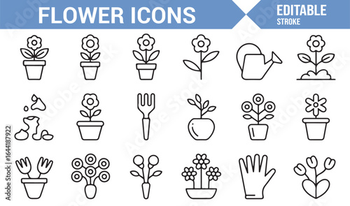 Set of Floral Icons with Watering Can, Flowerpots, and Gardening Tools