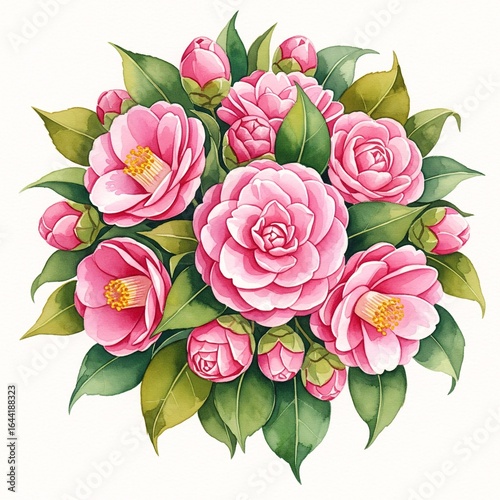 Watercolor Bouquet of Pink Camellias, Floral Arrangement Illustration, Beautiful Spring Flowers Isolated on White Background