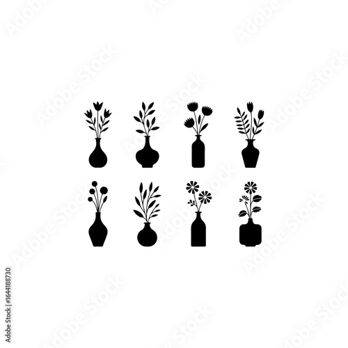 A set of 8 black fill only realistic vector illustrations on a white background of flowers in vases minimalist silhouettes of tabletop floral arrangements